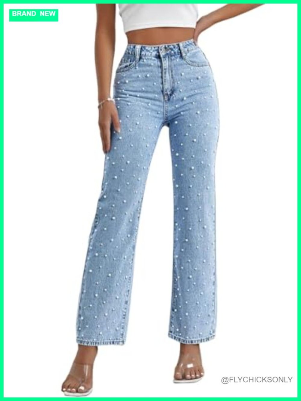 High Waisted Boyfriend Baggy Wide Straight Leg Jeans Pearls Beaded